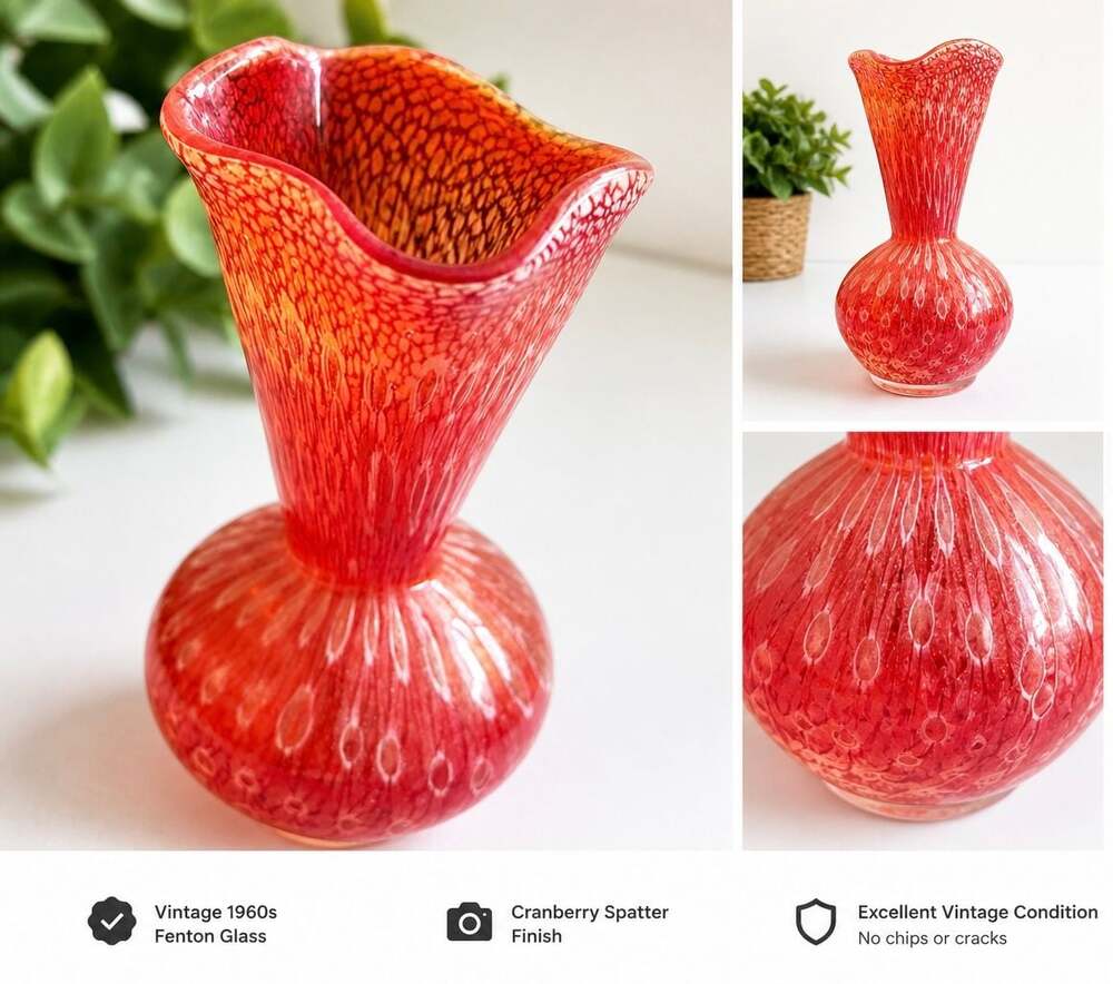 Vintage Fenton Cranberry Spatter Glass Vase Ruffled Rim Textured Base 1960s
